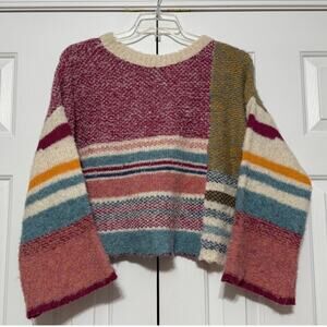 fab'rik Color-Blocked Striped Fuzzy Wool Blend Cropped Sweater, Size M